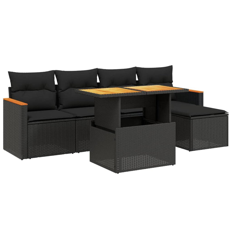 6-delige Loungeset met kussens poly rattan zwart