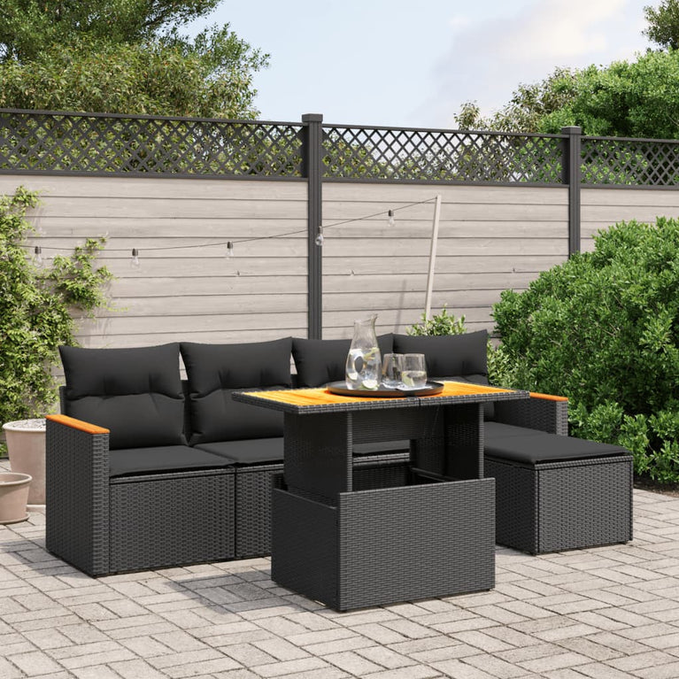 6-delige Loungeset met kussens poly rattan zwart