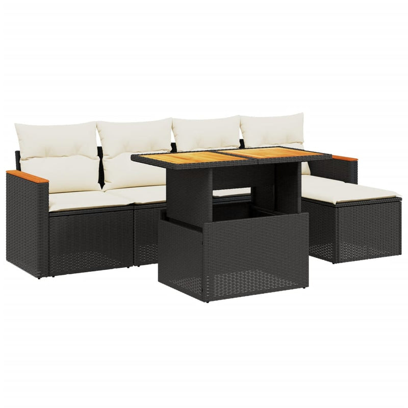 6-delige Loungeset met kussens poly rattan zwart