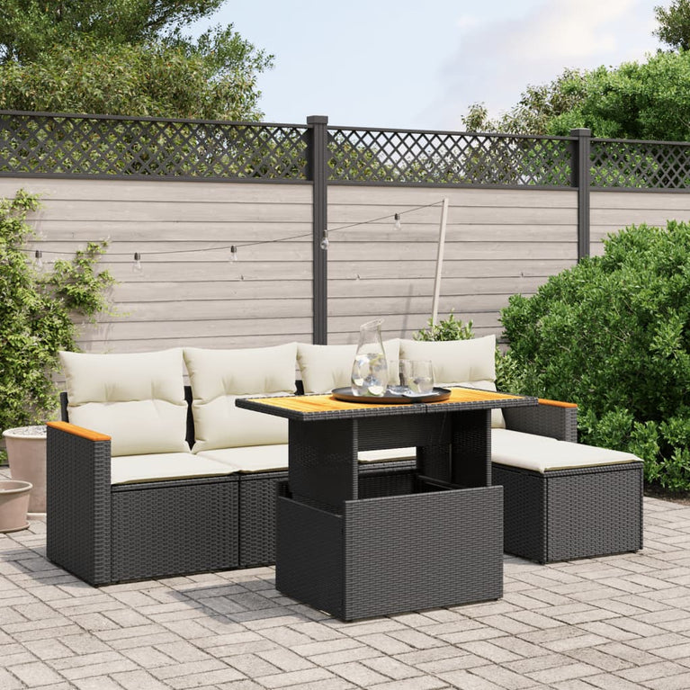 6-delige Loungeset met kussens poly rattan zwart