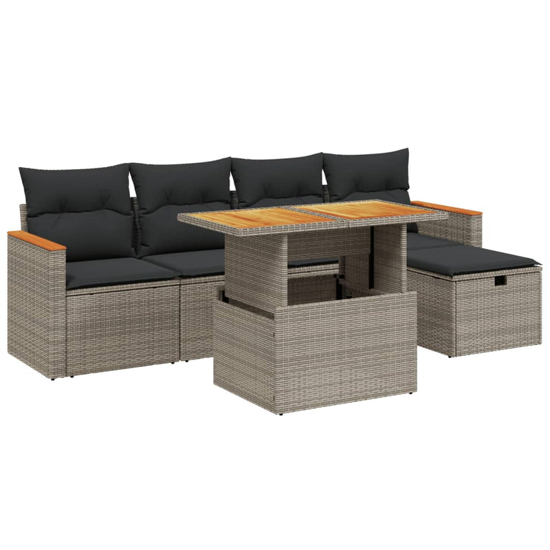 6-delige Loungeset met kussens poly rattan grijs