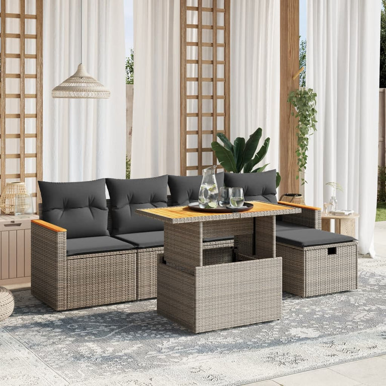 6-delige Loungeset met kussens poly rattan grijs