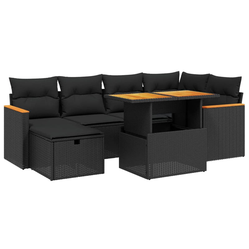 7-delige Loungeset met kussens poly rattan zwart
