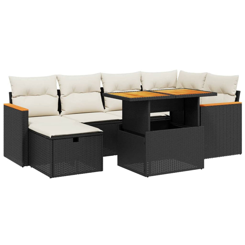 7-delige Loungeset met kussens poly rattan zwart