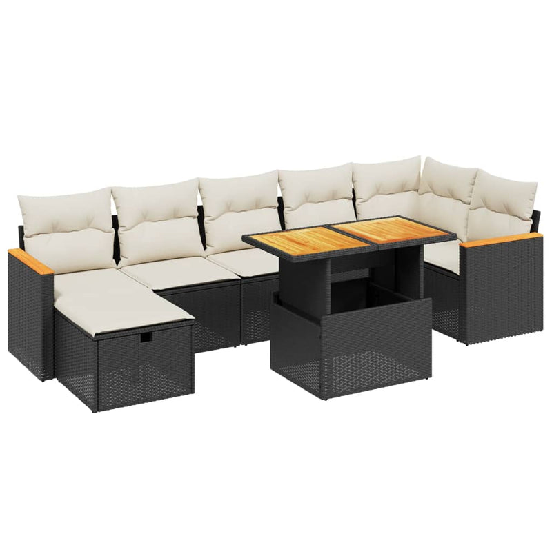8-delige Loungeset met kussens poly rattan zwart