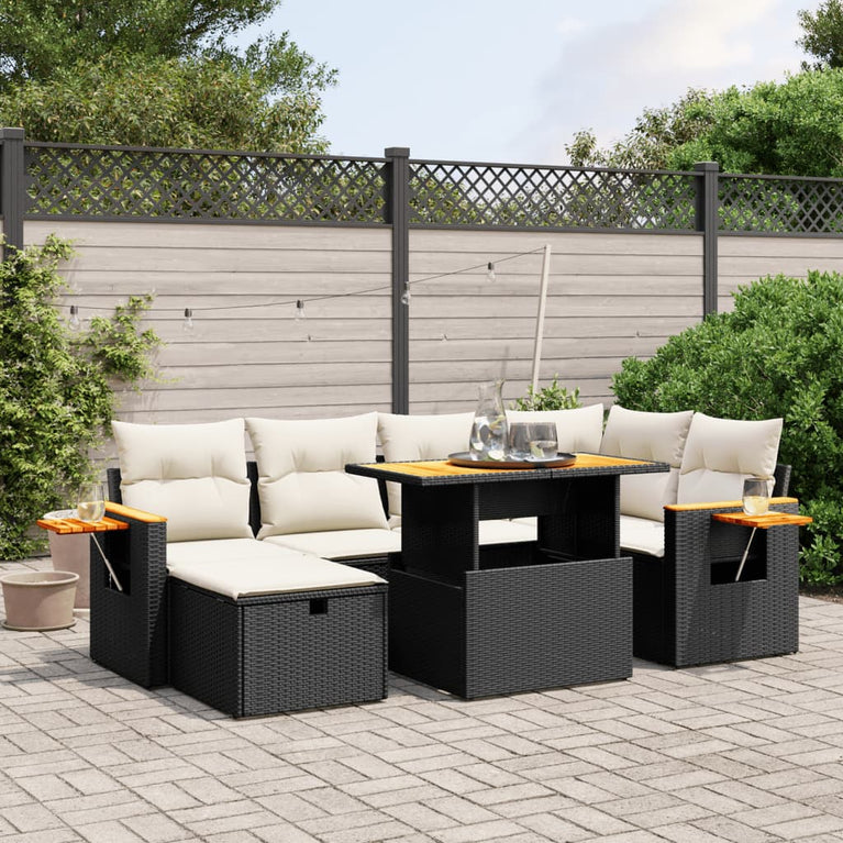 7-delige Loungeset met kussens poly rattan zwart