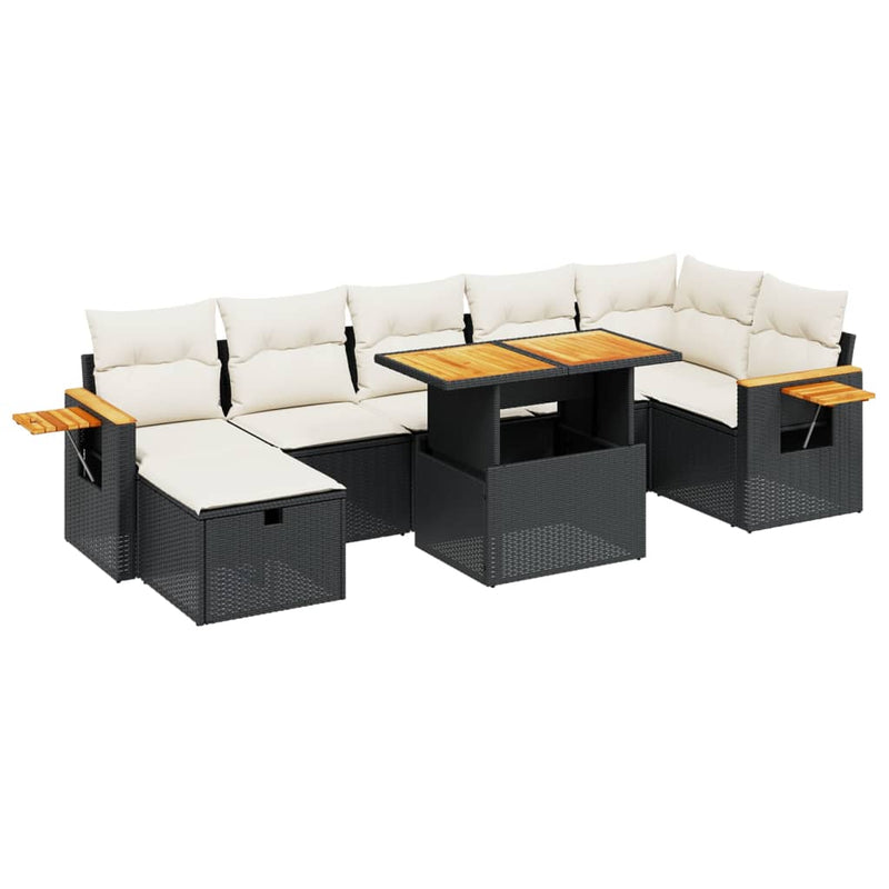 8-delige Loungeset met kussens poly rattan zwart