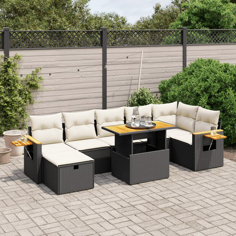 8-delige Loungeset met kussens poly rattan zwart