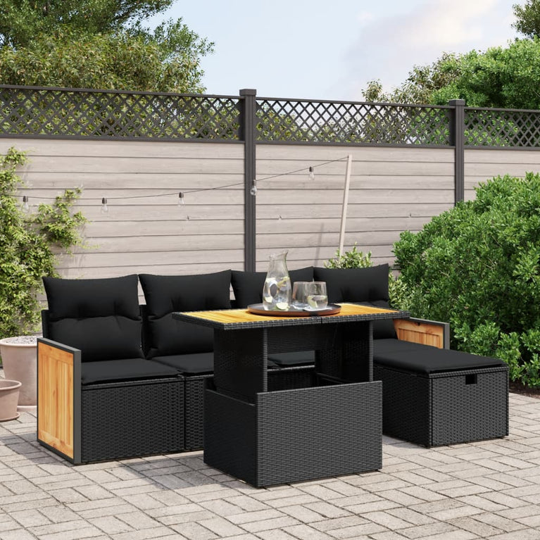 6-delige Loungeset met kussens poly rattan zwart