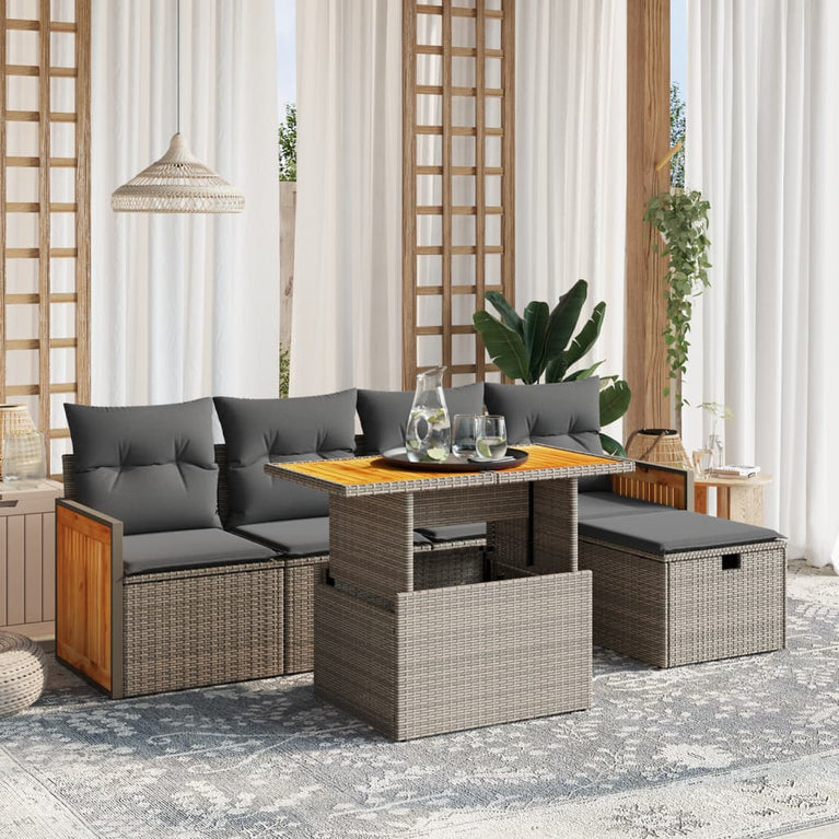 6-delige Loungeset met kussens poly rattan grijs