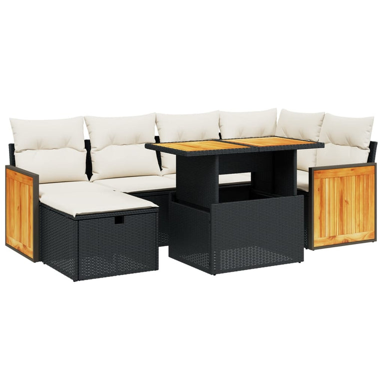 7-delige Loungeset met kussens poly rattan zwart
