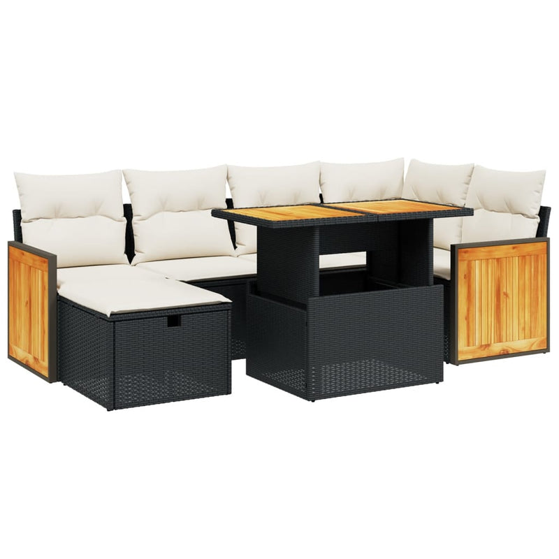 7-delige Loungeset met kussens poly rattan zwart
