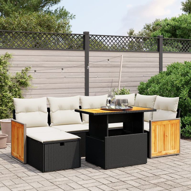 7-delige Loungeset met kussens poly rattan zwart