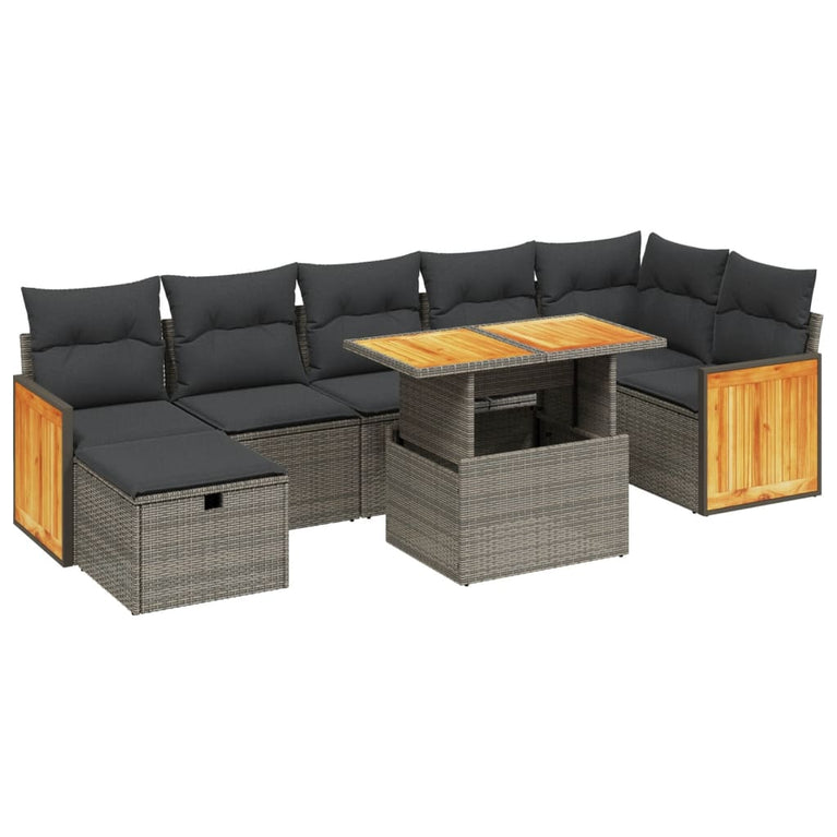 8-delige Loungeset met kussens poly rattan grijs