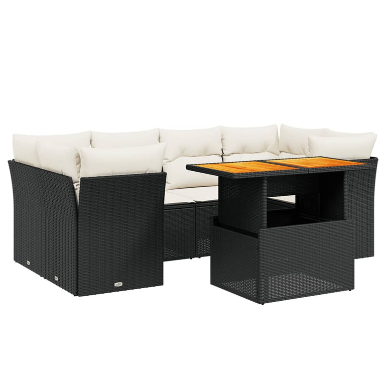 7-delige Loungeset met kussens poly rattan zwart