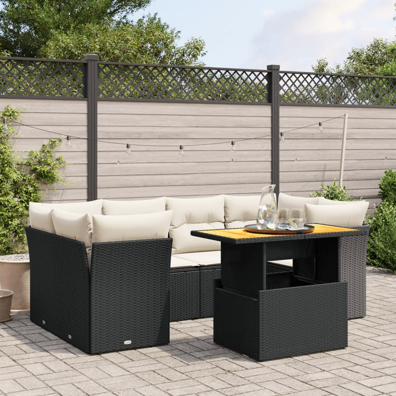 7-delige Loungeset met kussens poly rattan zwart