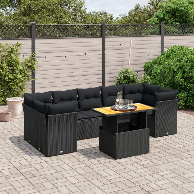 8-delige Loungeset met kussens poly rattan zwart