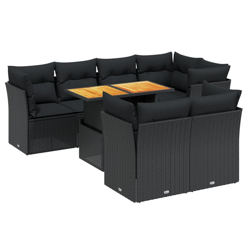 8-delige Loungeset met kussens poly rattan zwart