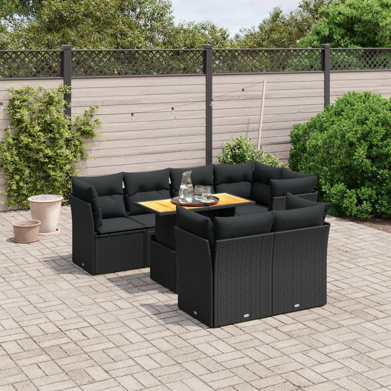 8-delige Loungeset met kussens poly rattan zwart