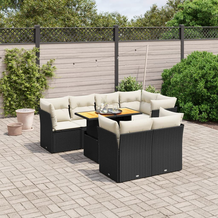 8-delige Loungeset met kussens poly rattan zwart