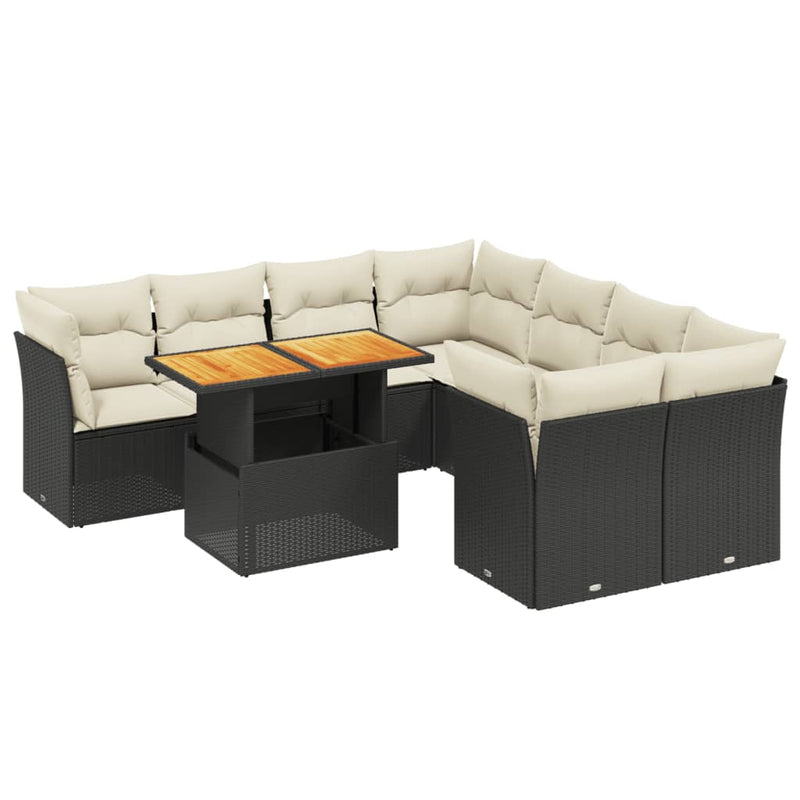 9-delige Loungeset met kussens poly rattan zwart