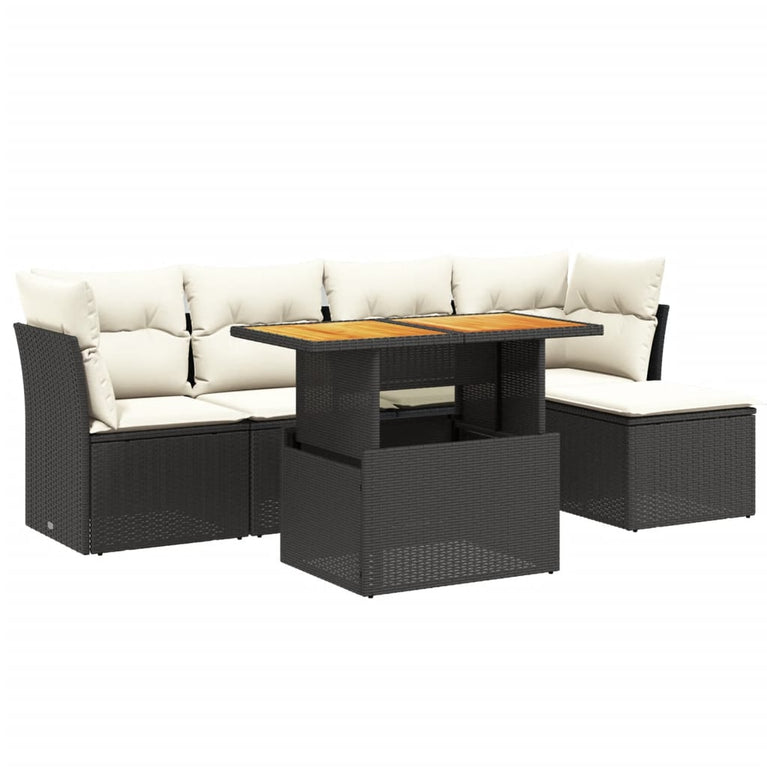 6-delige Loungeset met kussens poly rattan zwart
