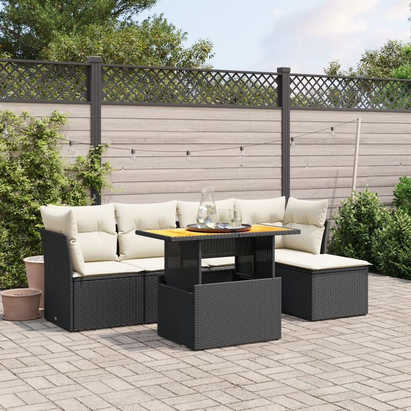 6-delige Loungeset met kussens poly rattan zwart