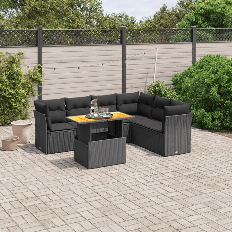 7-delige Loungeset met kussens poly rattan zwart