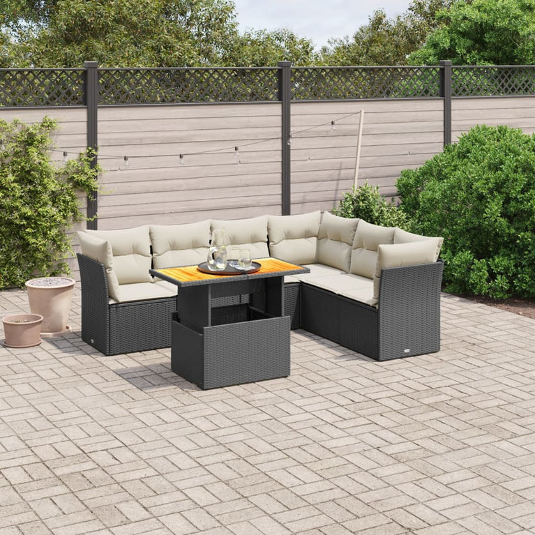 7-delige Loungeset met kussens poly rattan zwart