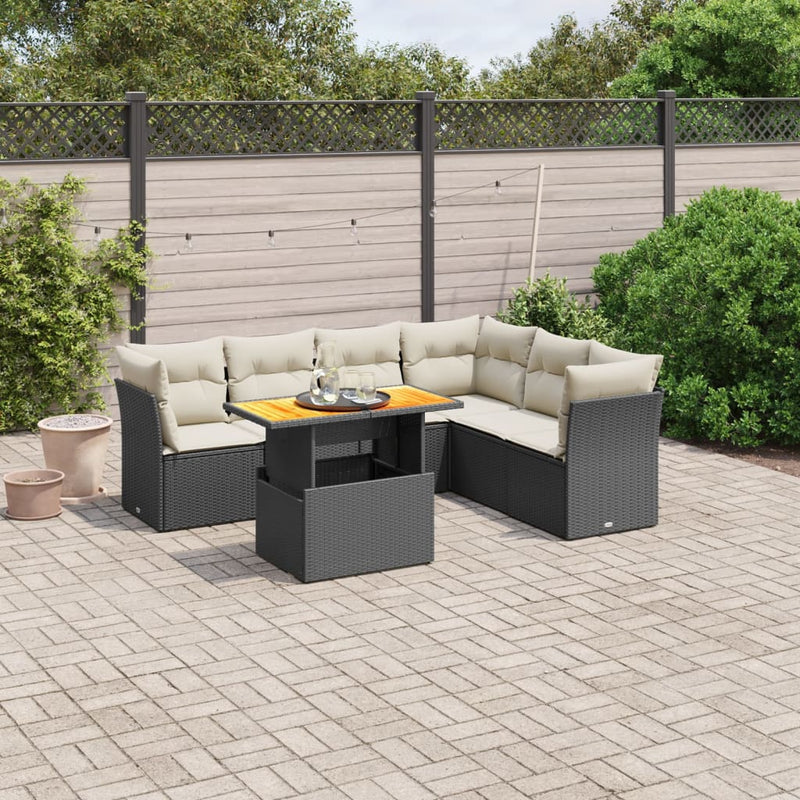 7-delige Loungeset met kussens poly rattan zwart