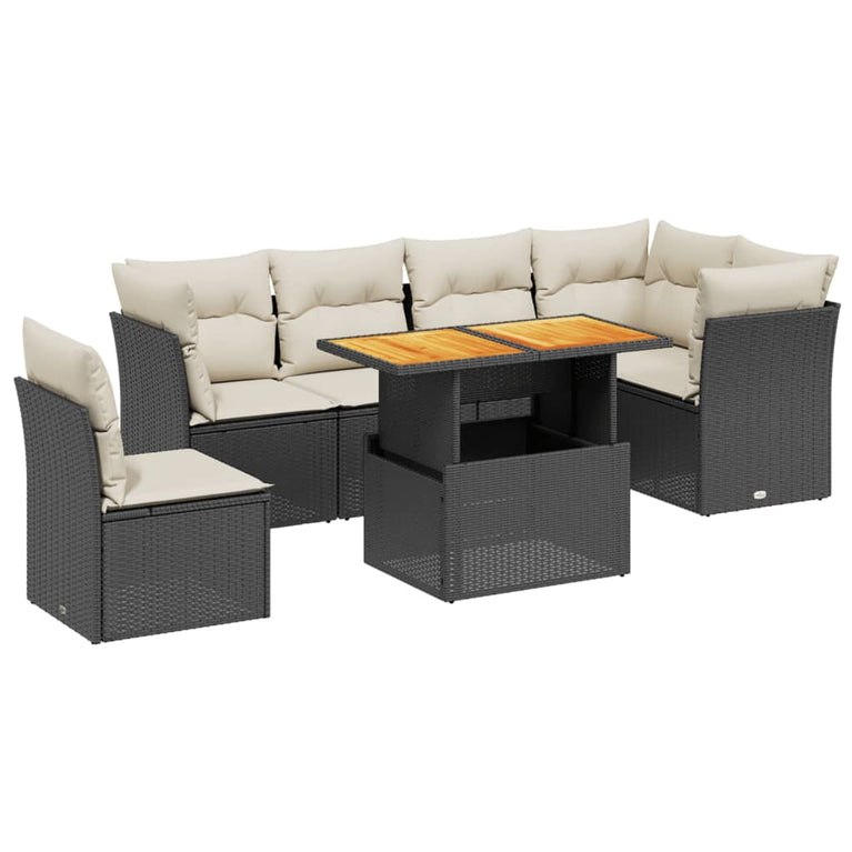 7-delige Loungeset met kussens poly rattan zwart