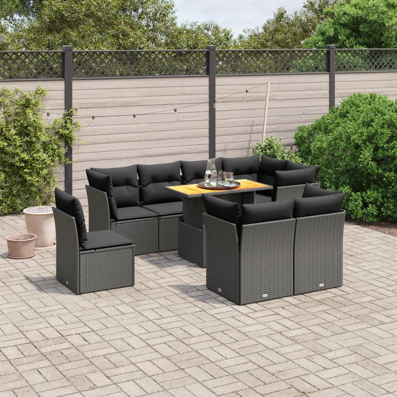 9-delige Loungeset met kussens poly rattan zwart