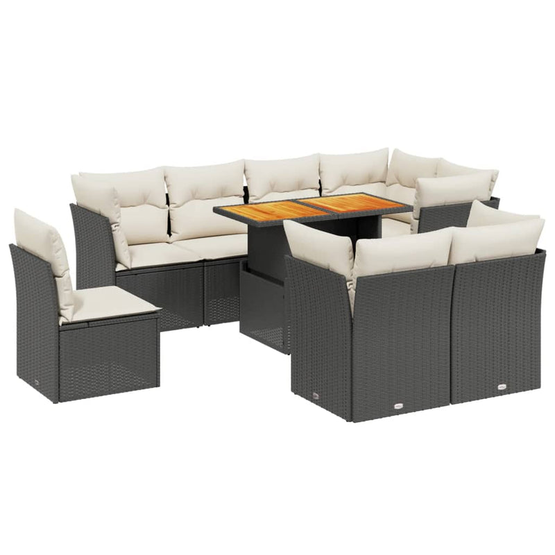 9-delige Loungeset met kussens poly rattan zwart
