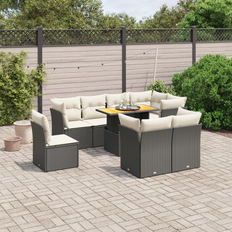 9-delige Loungeset met kussens poly rattan zwart