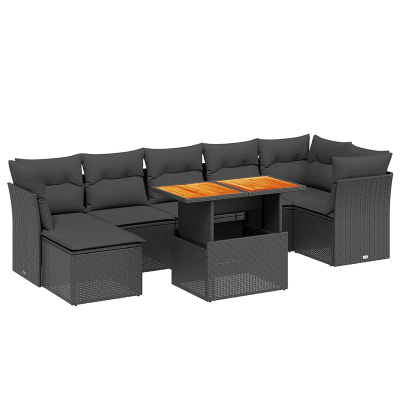 8-delige Loungeset met kussens poly rattan zwart