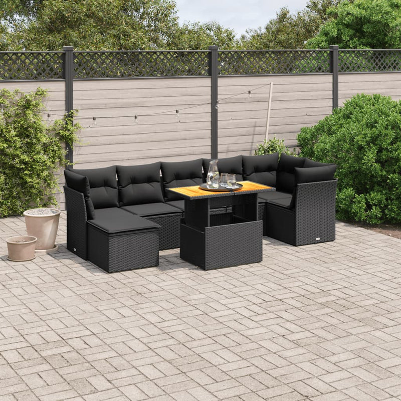 8-delige Loungeset met kussens poly rattan zwart