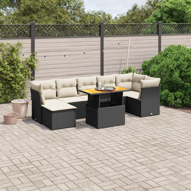 8-delige Loungeset met kussens poly rattan zwart