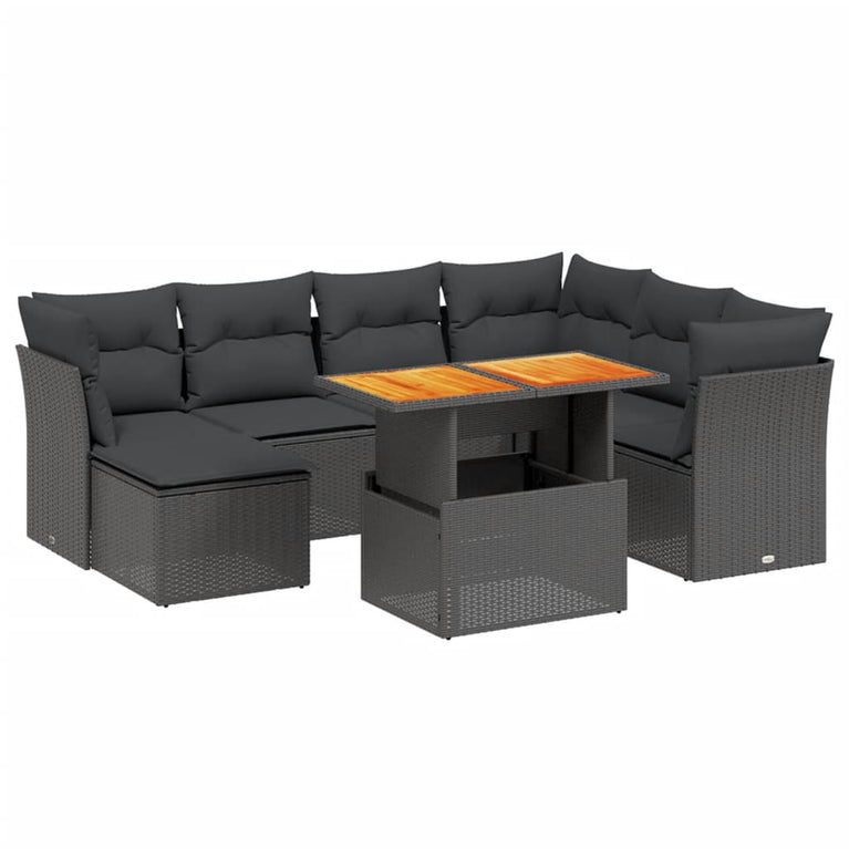 8-delige Loungeset met kussens poly rattan zwart