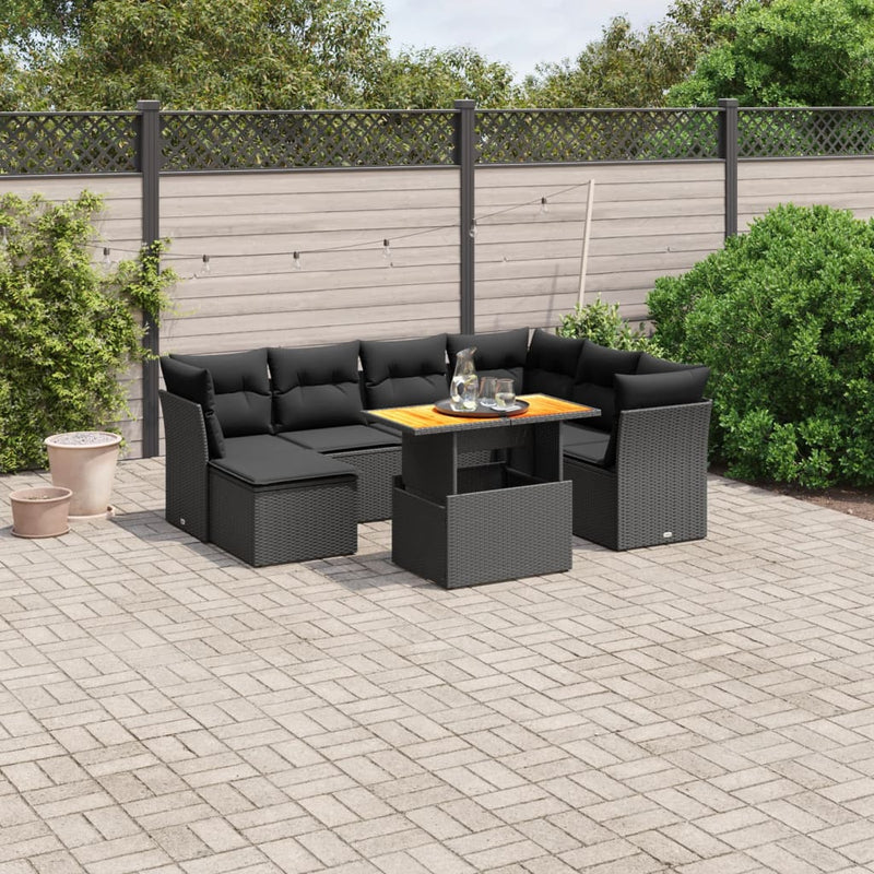 8-delige Loungeset met kussens poly rattan zwart