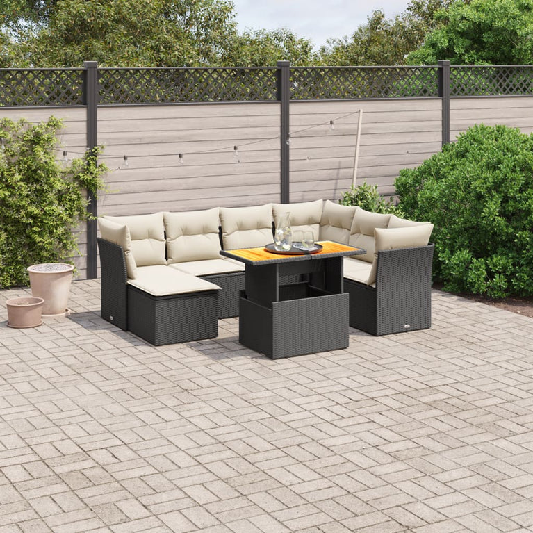 8-delige Loungeset met kussens poly rattan zwart
