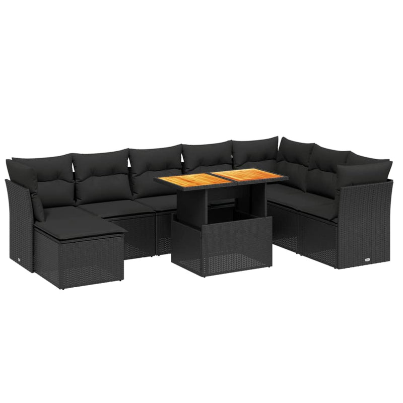 9-delige Loungeset met kussens poly rattan zwart