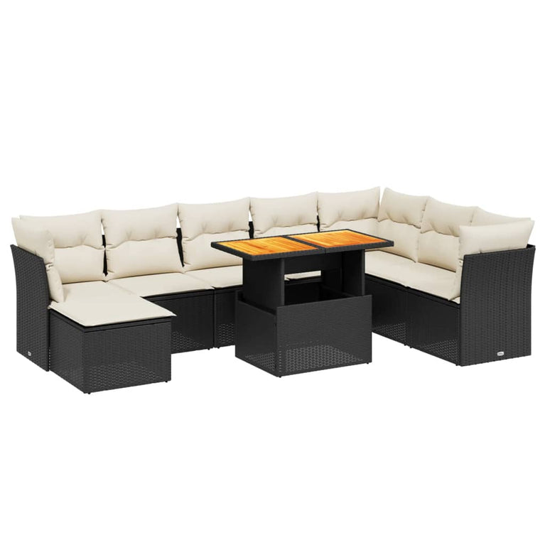 9-delige Loungeset met kussens poly rattan zwart