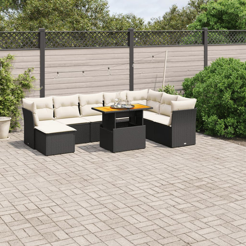 9-delige Loungeset met kussens poly rattan zwart