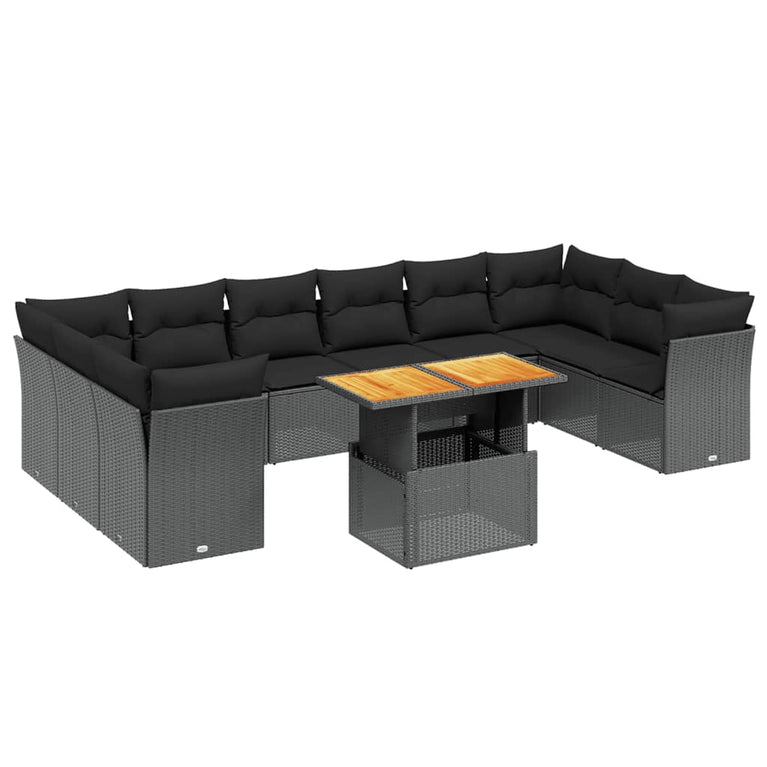 11-delige Loungeset met kussens poly rattan zwart