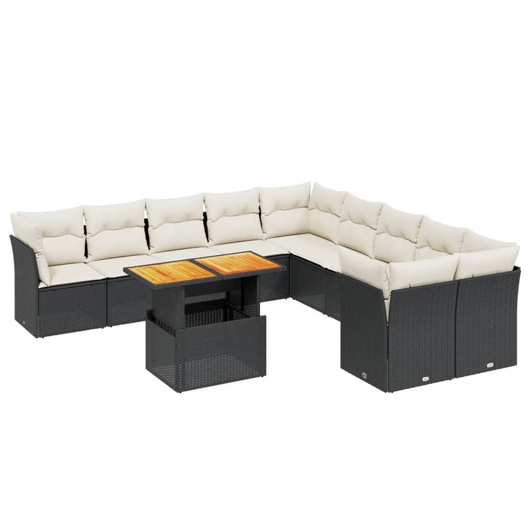 11-delige Loungeset met kussens poly rattan zwart