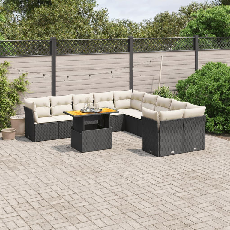 11-delige Loungeset met kussens poly rattan zwart