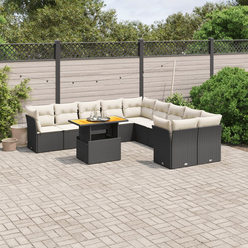 11-delige Loungeset met kussens poly rattan zwart