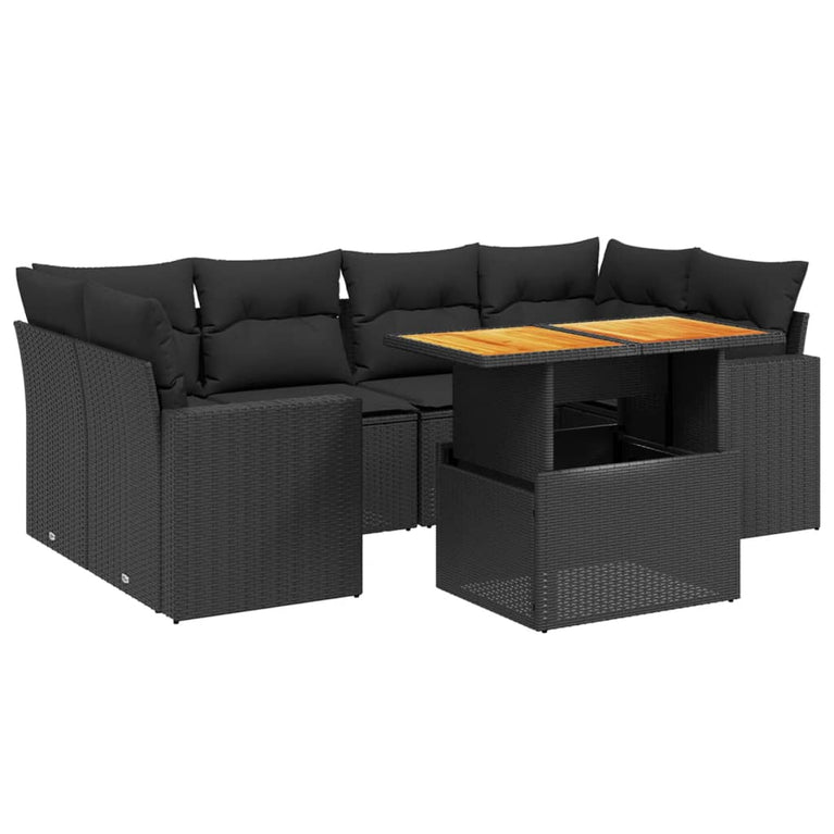 7-delige Loungeset met kussens poly rattan zwart