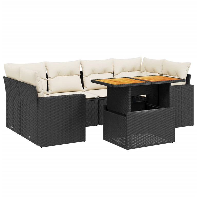 7-delige Loungeset met kussens poly rattan zwart