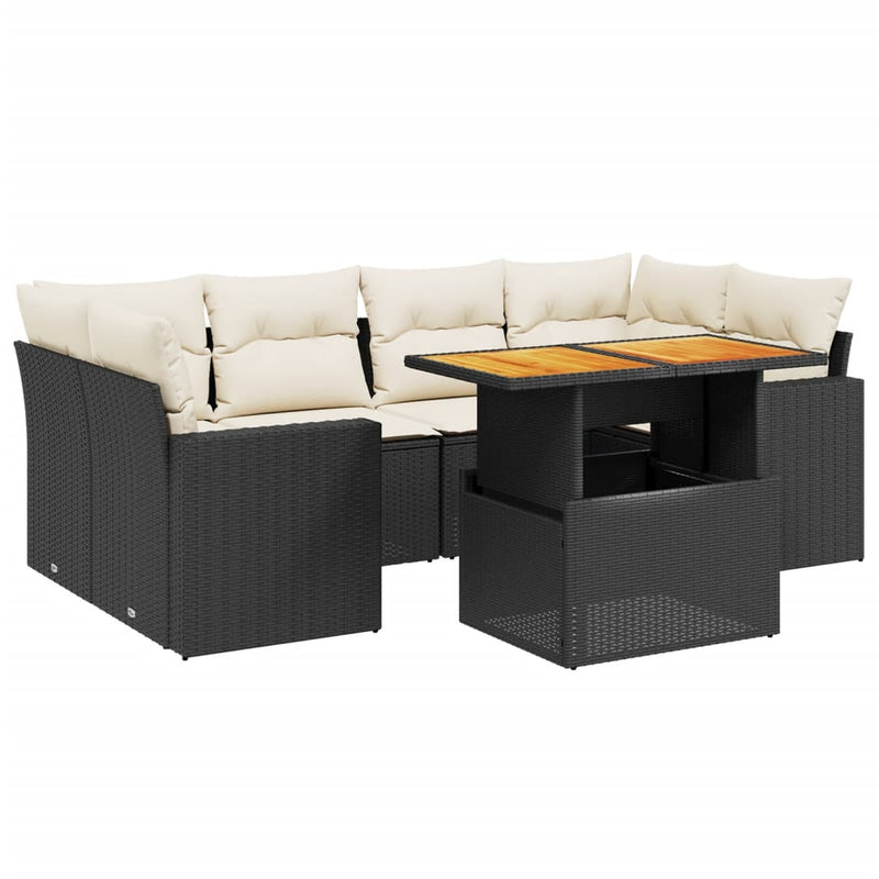 7-delige Loungeset met kussens poly rattan zwart